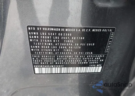 2018 Volkswagen Tiguan 2.0T Se/2.0T Sel from USA, damaged, VIN 3VV3B7AX5JM220827